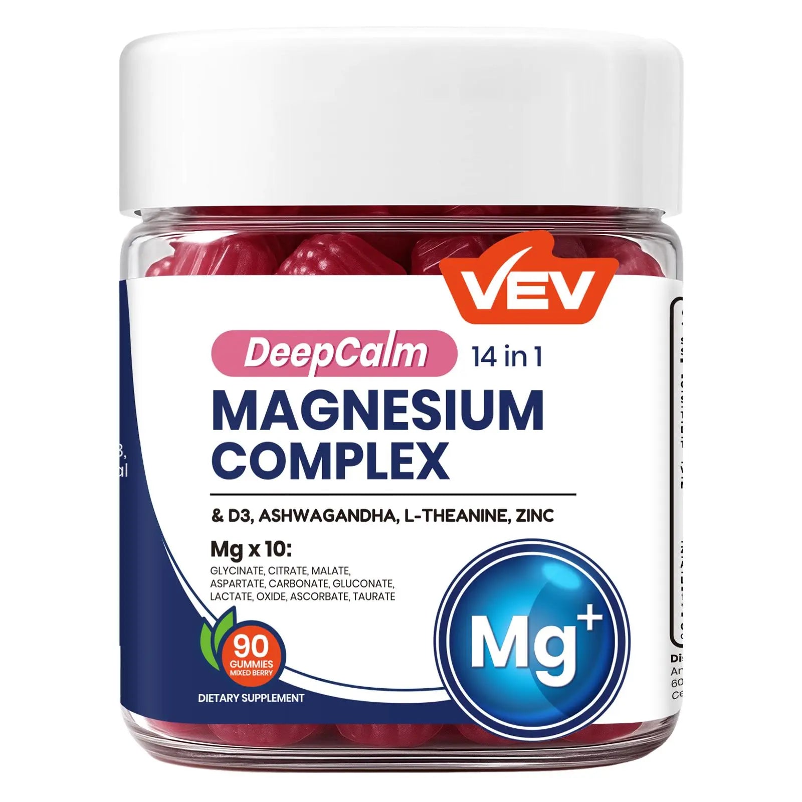 VEV Deepcalm 14-In-1 Dietary Magnesium Supplement Gummies, 90-Count Chewable Daily Supplement Pack with Ashwagandha, L-Theanine, D3, Zinc & Calming Blended Vitamins and Minerals, Chewable Dietary Supplement, Sohochic