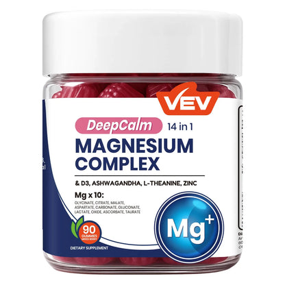 VEV Deepcalm 14-In-1 Dietary Magnesium Supplement Gummies, 90-Count Chewable Daily Supplement Pack with Ashwagandha, L-Theanine, D3, Zinc & Calming Blended Vitamins and Minerals, Chewable Dietary Supplement, Sohochic