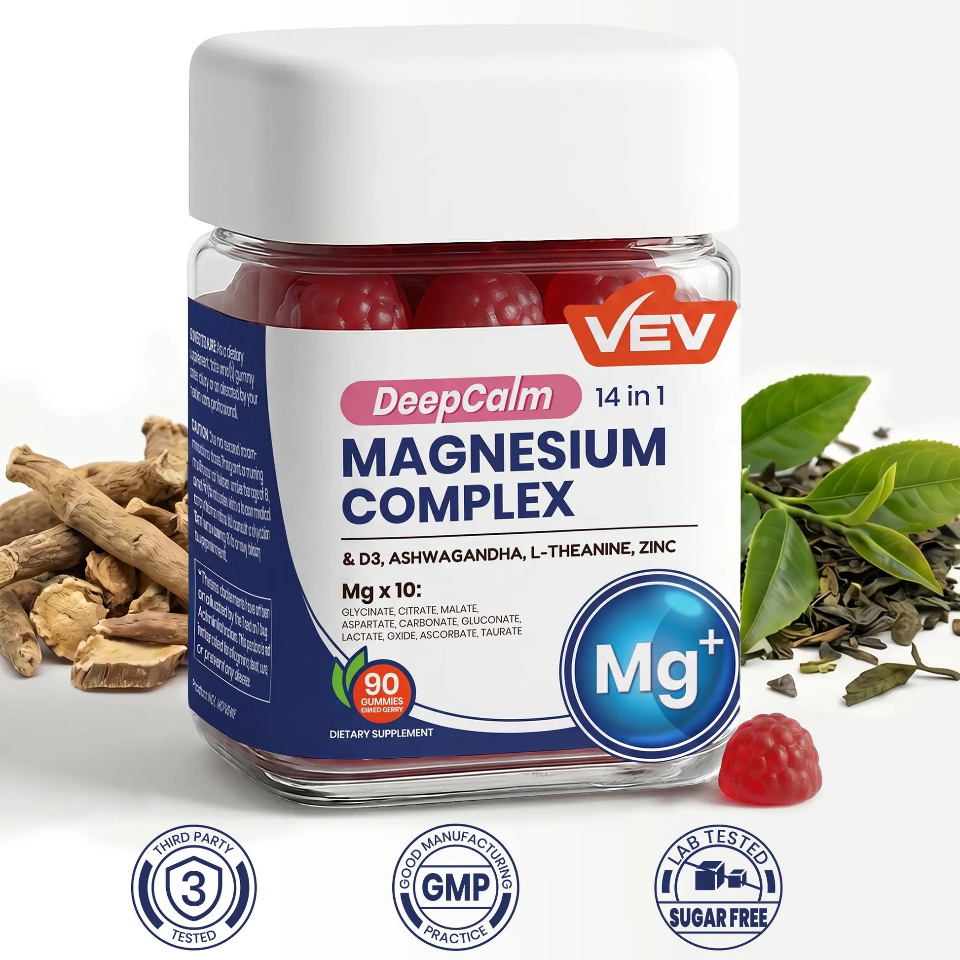 VEV Deepcalm 14-In-1 Dietary Magnesium Supplement Gummies, 90-Count Chewable Daily Supplement Pack with Ashwagandha, L-Theanine, D3, Zinc & Calming Blended Vitamins and Minerals, Chewable Dietary Supplement, Sohochic