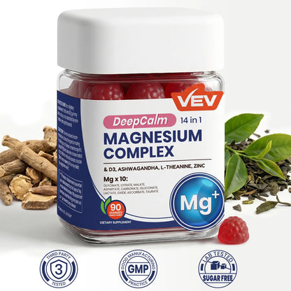 VEV Deepcalm 14-In-1 Dietary Magnesium Supplement Gummies, 90-Count Chewable Daily Supplement Pack with Ashwagandha, L-Theanine, D3, Zinc & Calming Blended Vitamins and Minerals, Chewable Dietary Supplement, Sohochic