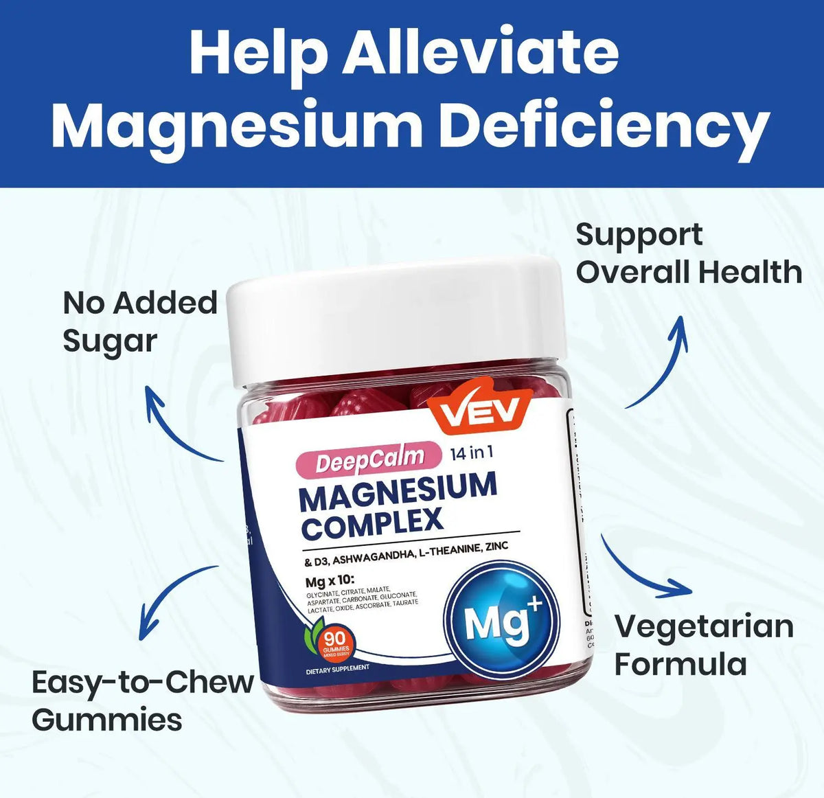 VEV Deepcalm 14-In-1 Dietary Magnesium Supplement Gummies, 90-Count Chewable Daily Supplement Pack with Ashwagandha, L-Theanine, D3, Zinc & Calming Blended Vitamins and Minerals, Chewable Dietary Supplement, Sohochic