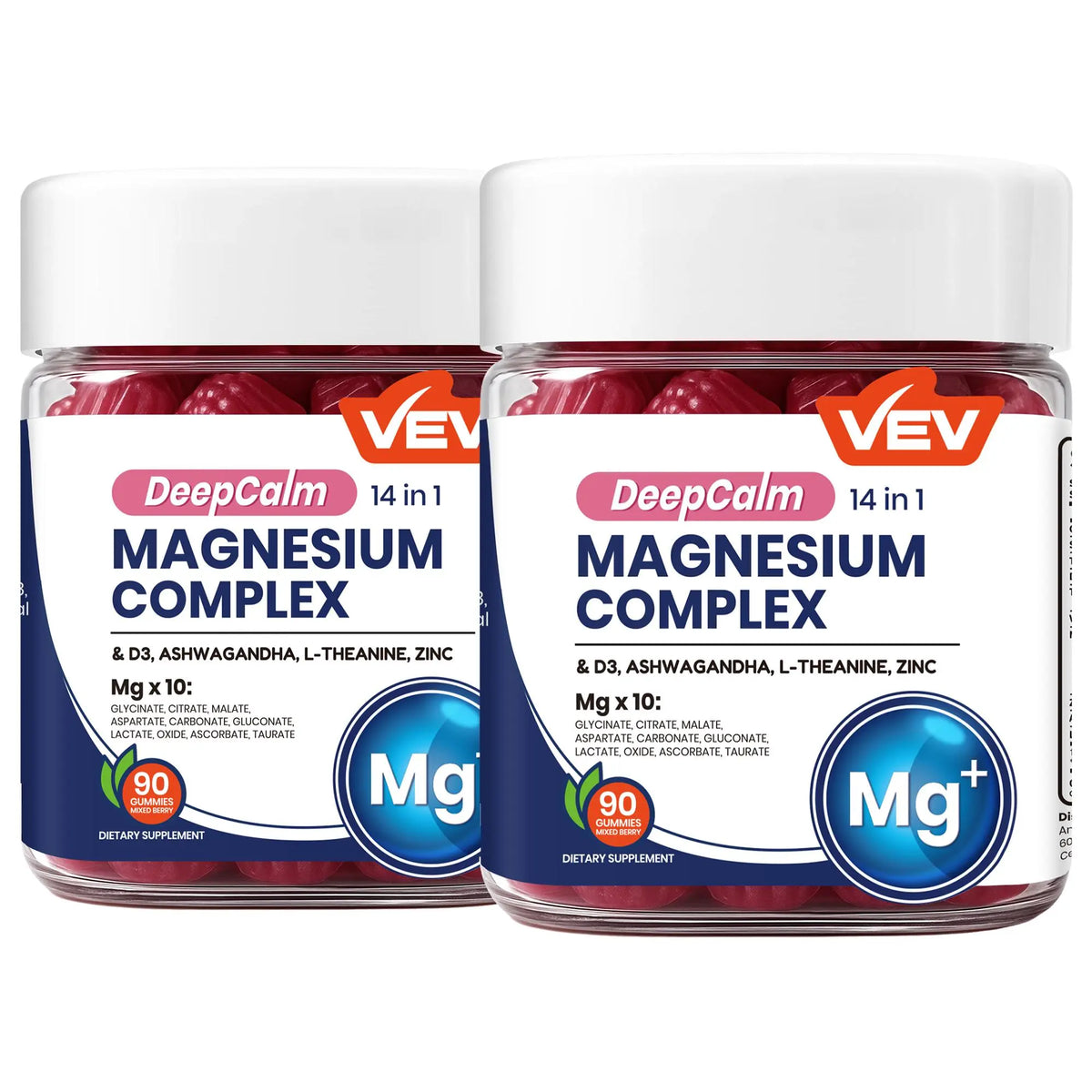 VEV Deepcalm 14-In-1 Dietary Magnesium Supplement Gummies, 90-Count Chewable Daily Supplement Pack with Ashwagandha, L-Theanine, D3, Zinc & Calming Blended Vitamins and Minerals, Chewable Dietary Supplement, Sohochic